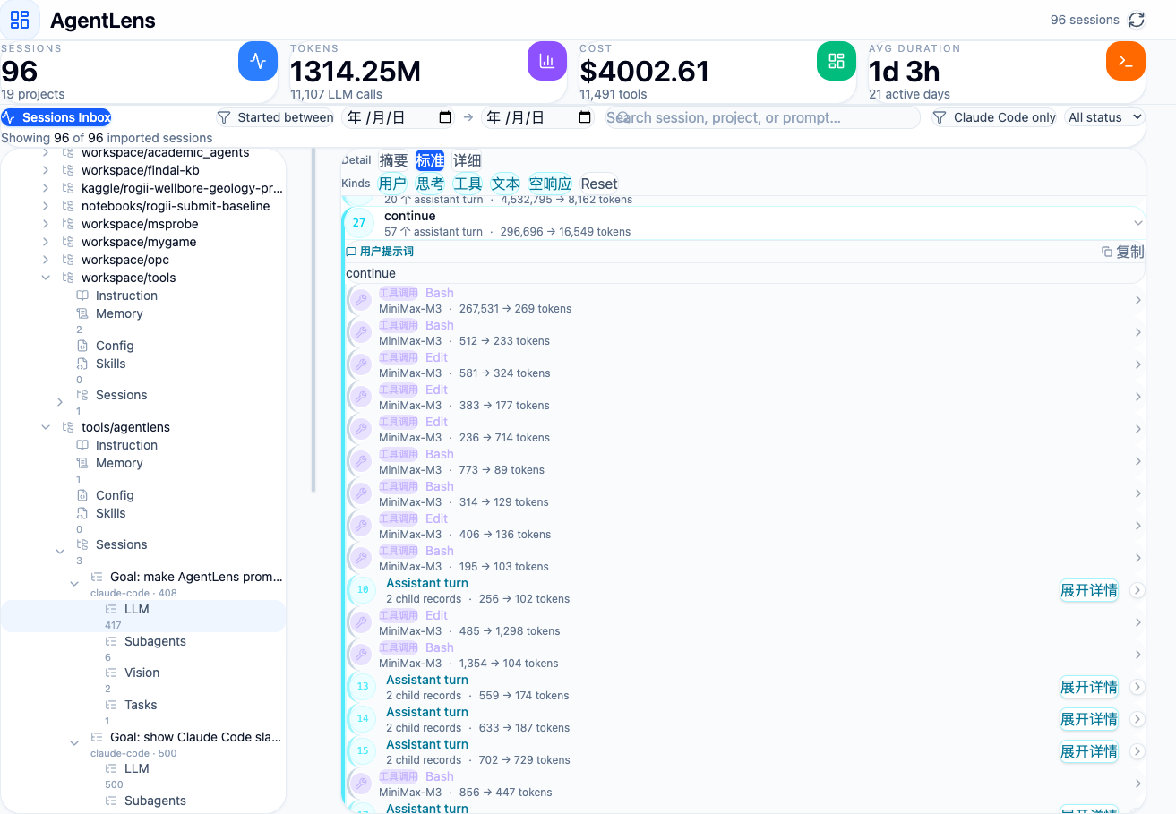Detailed AgentLens prompt thread with assistant response and tool-call records